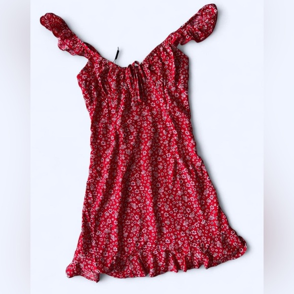 NWT Hello Molly Womens Red Floral Preppy Tie Front Ruffle Trim Mini Dress XS - Picture 2 of 7